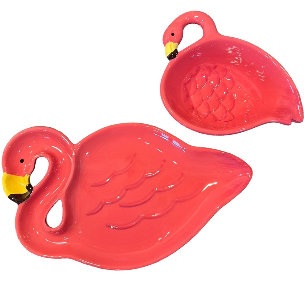 Plate and Bowl Ceramic Pink Flamingo Set